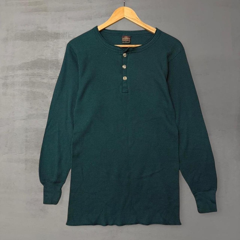 Vintage Greatland Thermal Henley Shirt Green Waffle Knit Long Sleeve Large